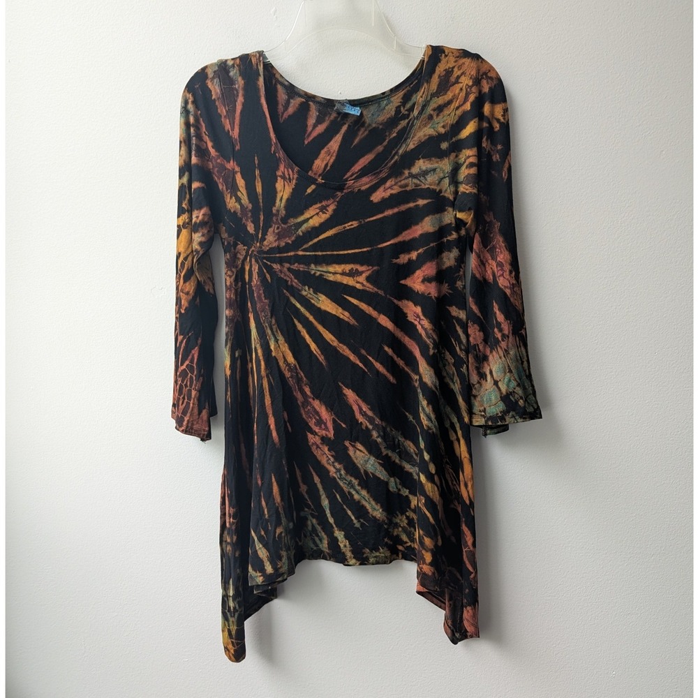 Bell Sleeve Tunic Top Black Orange Tie Dye Sharkbite Hem Sz S Boho Art to Wear